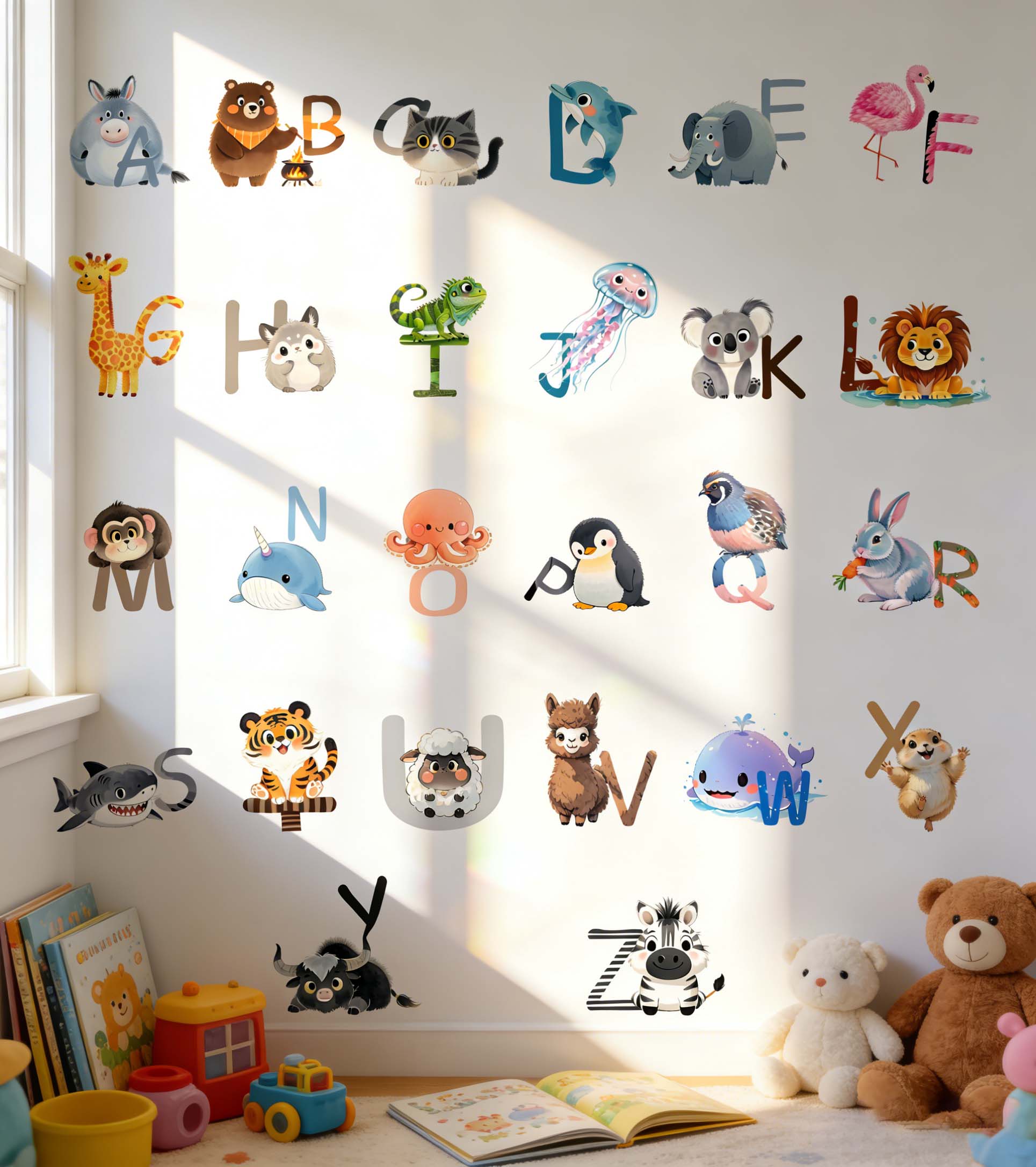 Kids Education Center - 26 Buchstaben Englisches Alphabet Wandaufkleber Cartoon-Tier